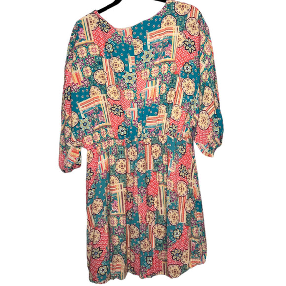 Savanah Jane Pin Teal Geo Print Mini Dress Flowey Bohemian Stretch Waist Size 2X - Picture 4 of 7